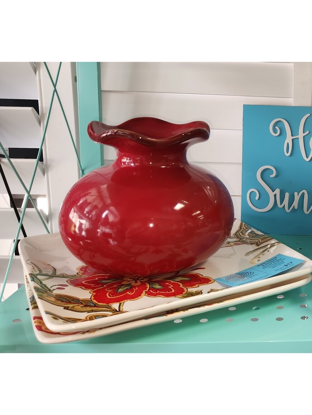 Southern Living At Home Cinnabar Ruffle Vase Red 7" Christmas Flower Vase Fluted